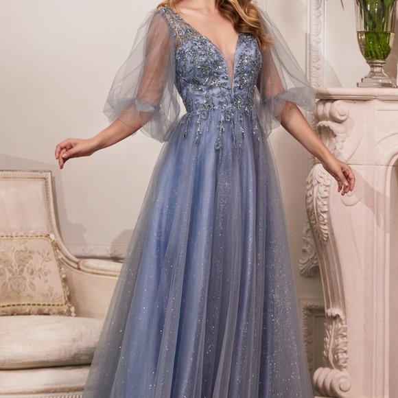 SMOKEY BLUE PROM PARTY PUFFY SLEEVES A-LINE GLITTER TULLE A-LINE DRESS CD0182 - Picture 6 of 6
